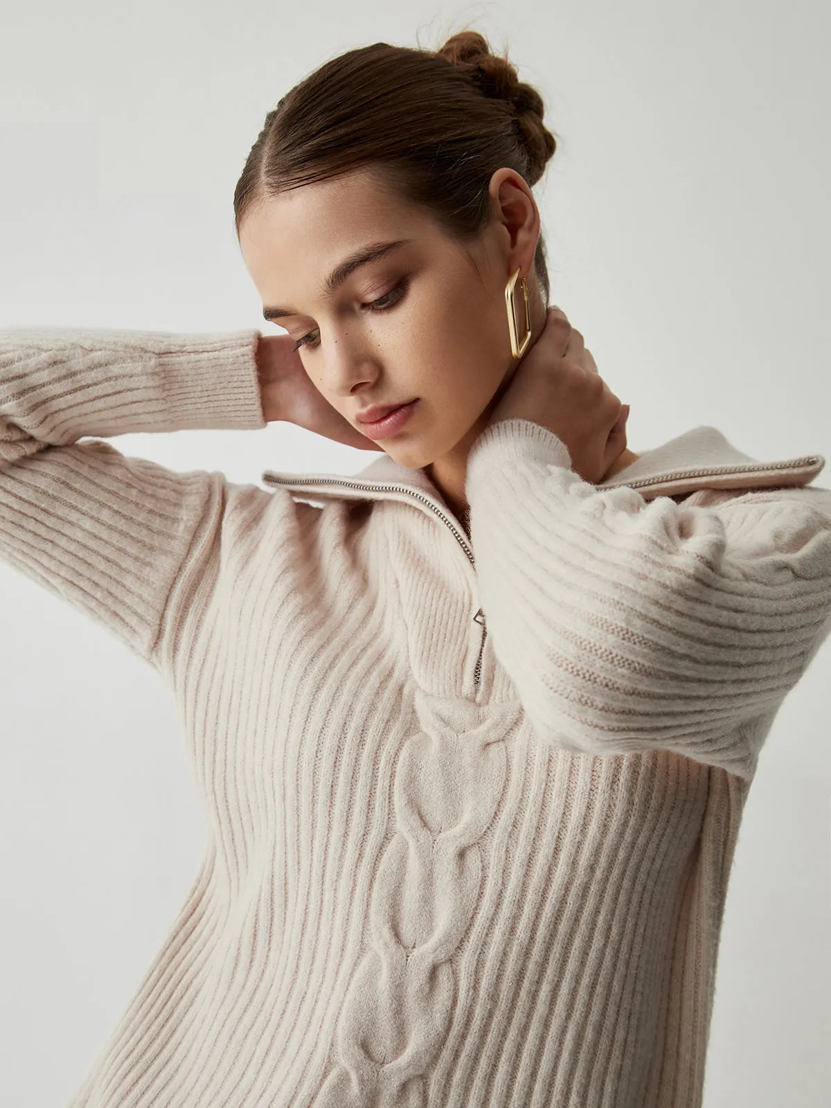 Cable Knit Open Trendy Collar Half Zip Sweater