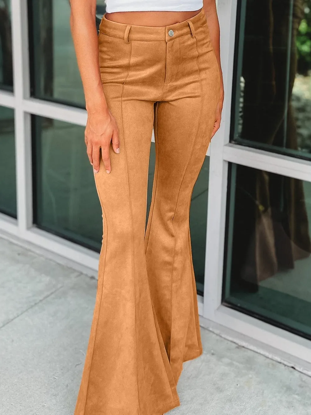 Camel Colored Flare Pants in Suede