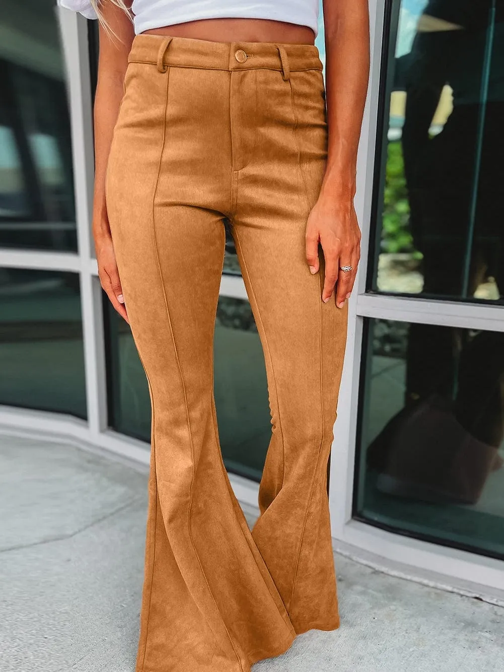 Camel Colored Flare Pants in Suede