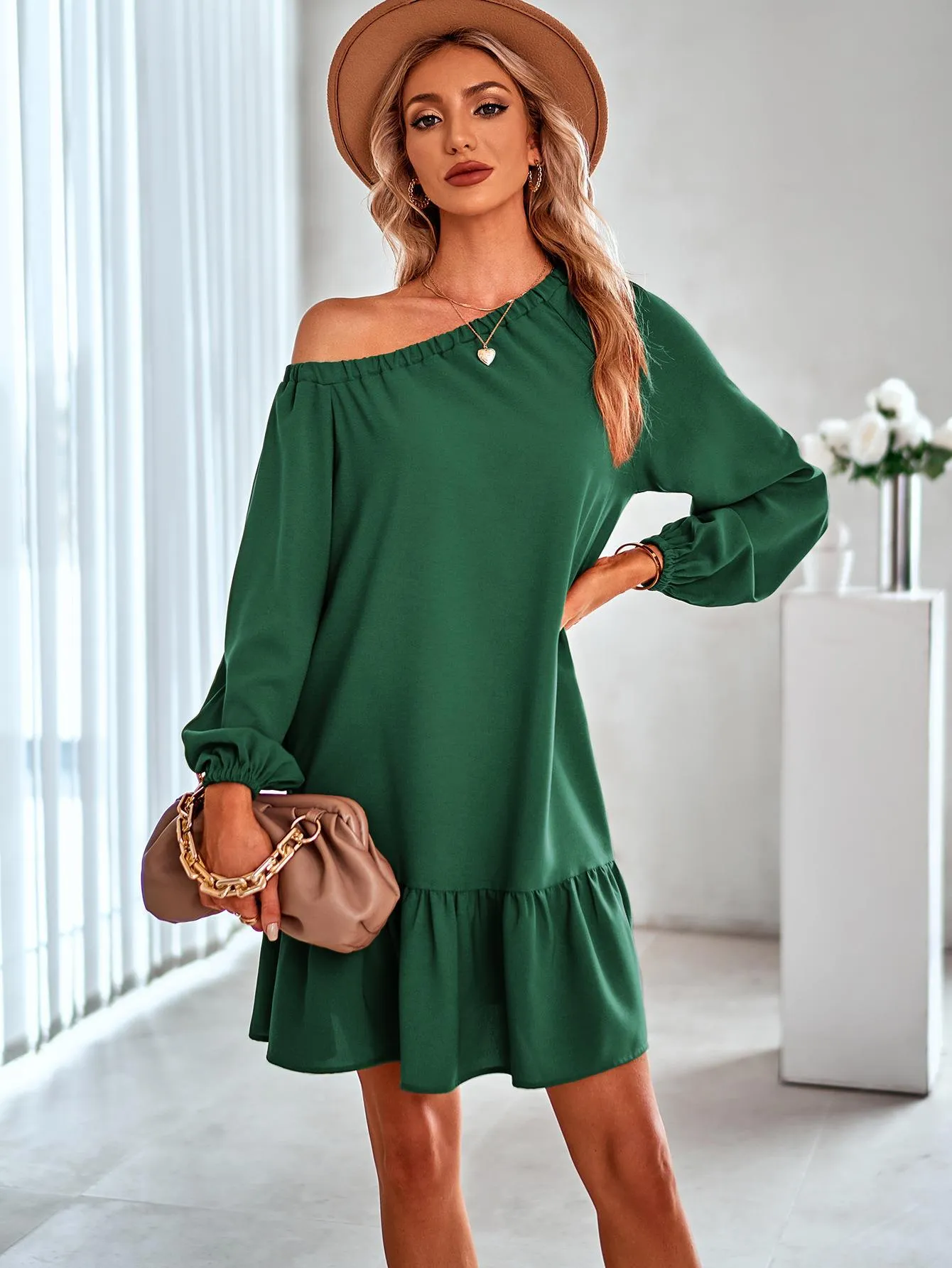 Casual Solid Color Flounce Dress