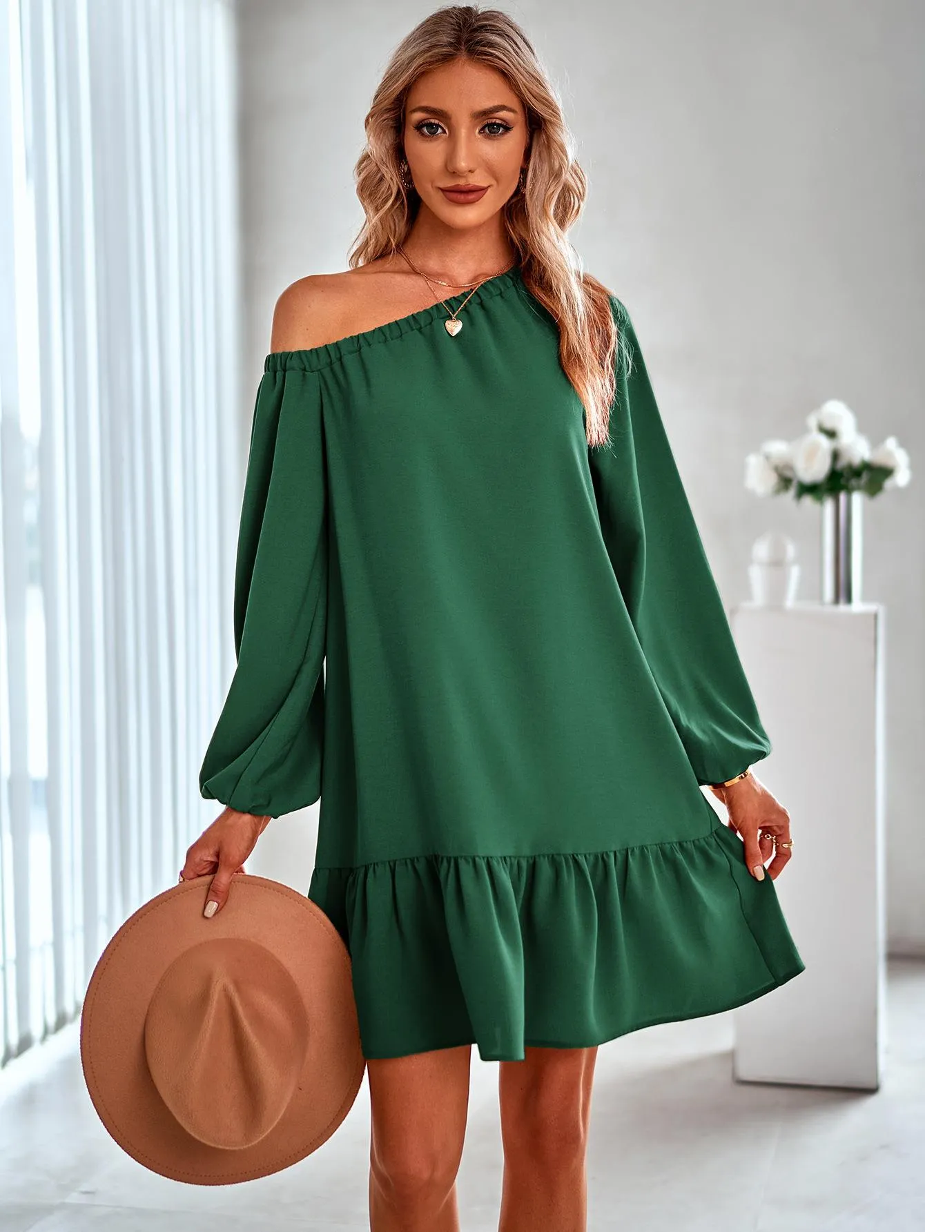 Casual Solid Color Flounce Dress