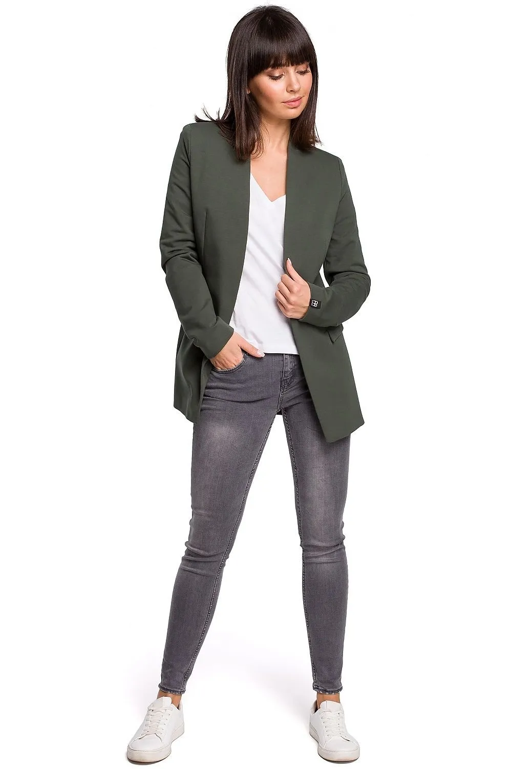 Chic Unbuttoned Cotton Blend Jacket with Functional Flap Pockets