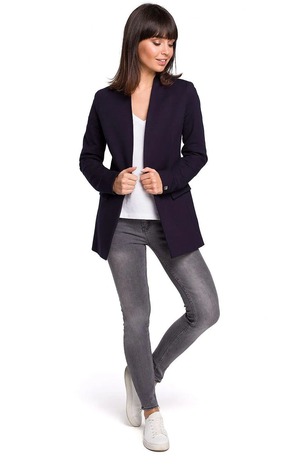 Chic Unbuttoned Cotton Blend Jacket with Functional Flap Pockets