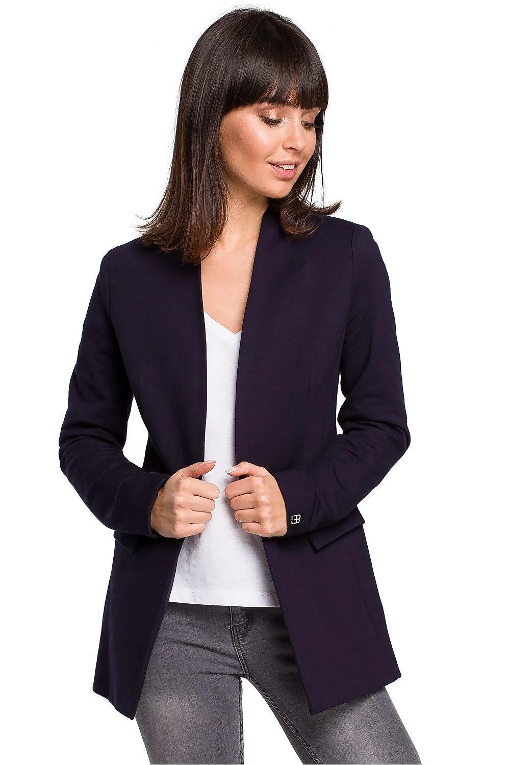 Chic Unbuttoned Cotton Blend Jacket with Functional Flap Pockets