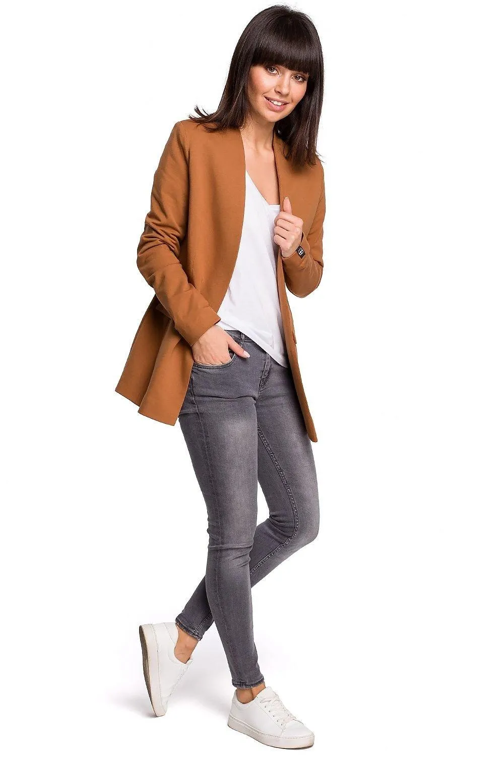 Chic Unbuttoned Cotton Blend Jacket with Functional Flap Pockets