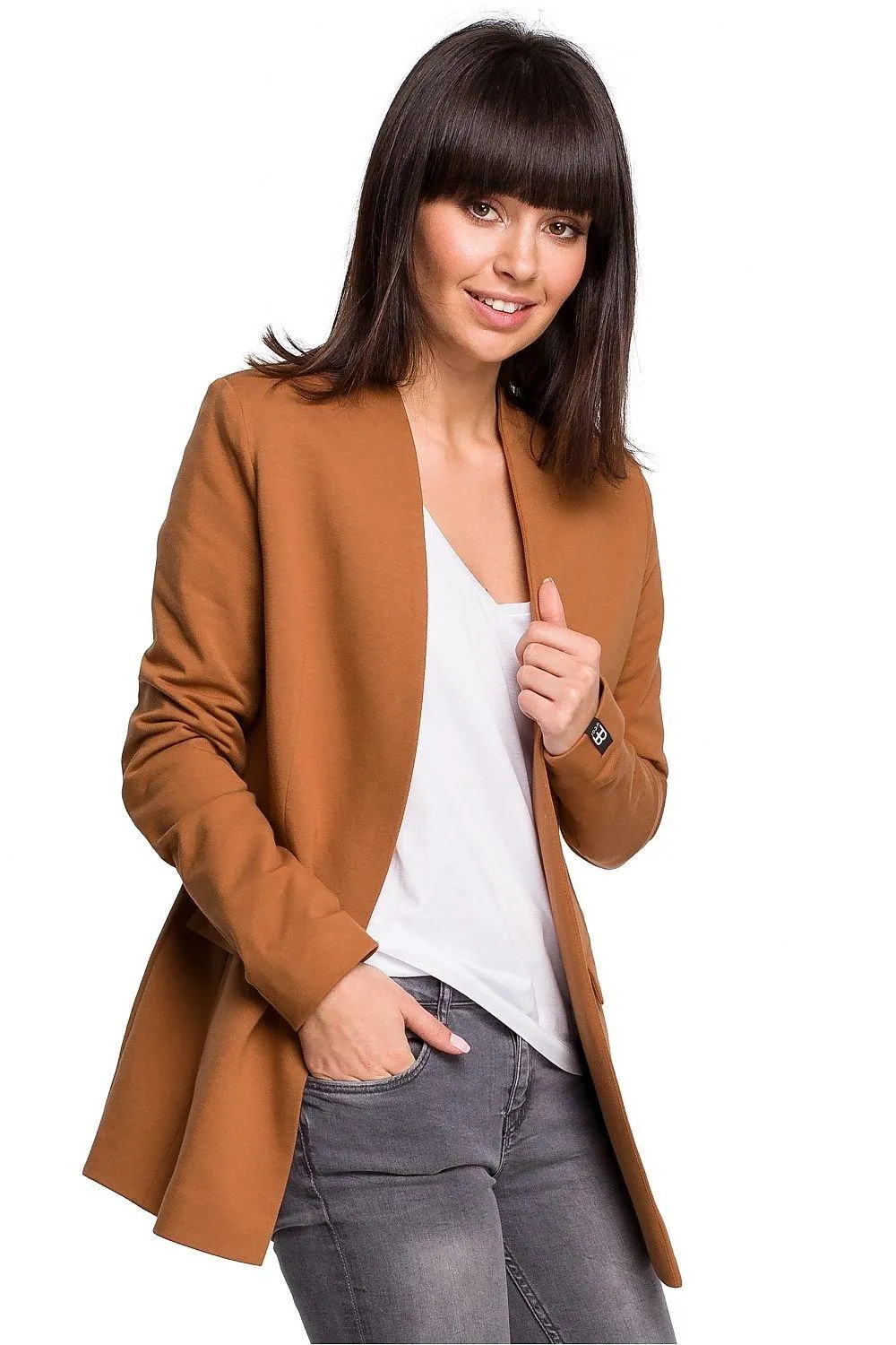 Chic Unbuttoned Cotton Blend Jacket with Functional Flap Pockets