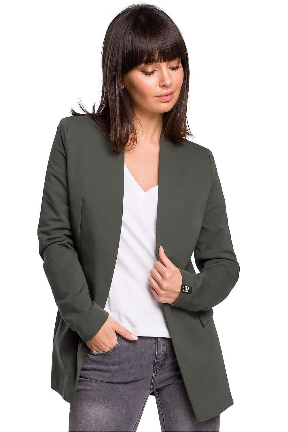 Chic Unbuttoned Cotton Blend Jacket with Functional Flap Pockets