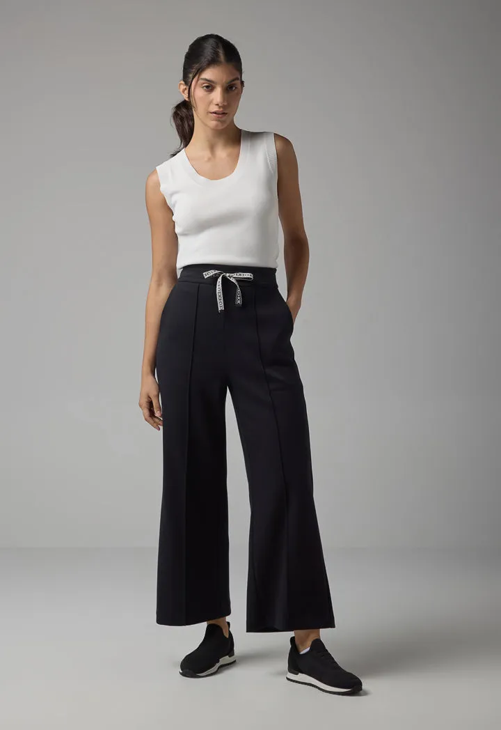 Choice Wide Leg Drawstring Solid Trousers Black