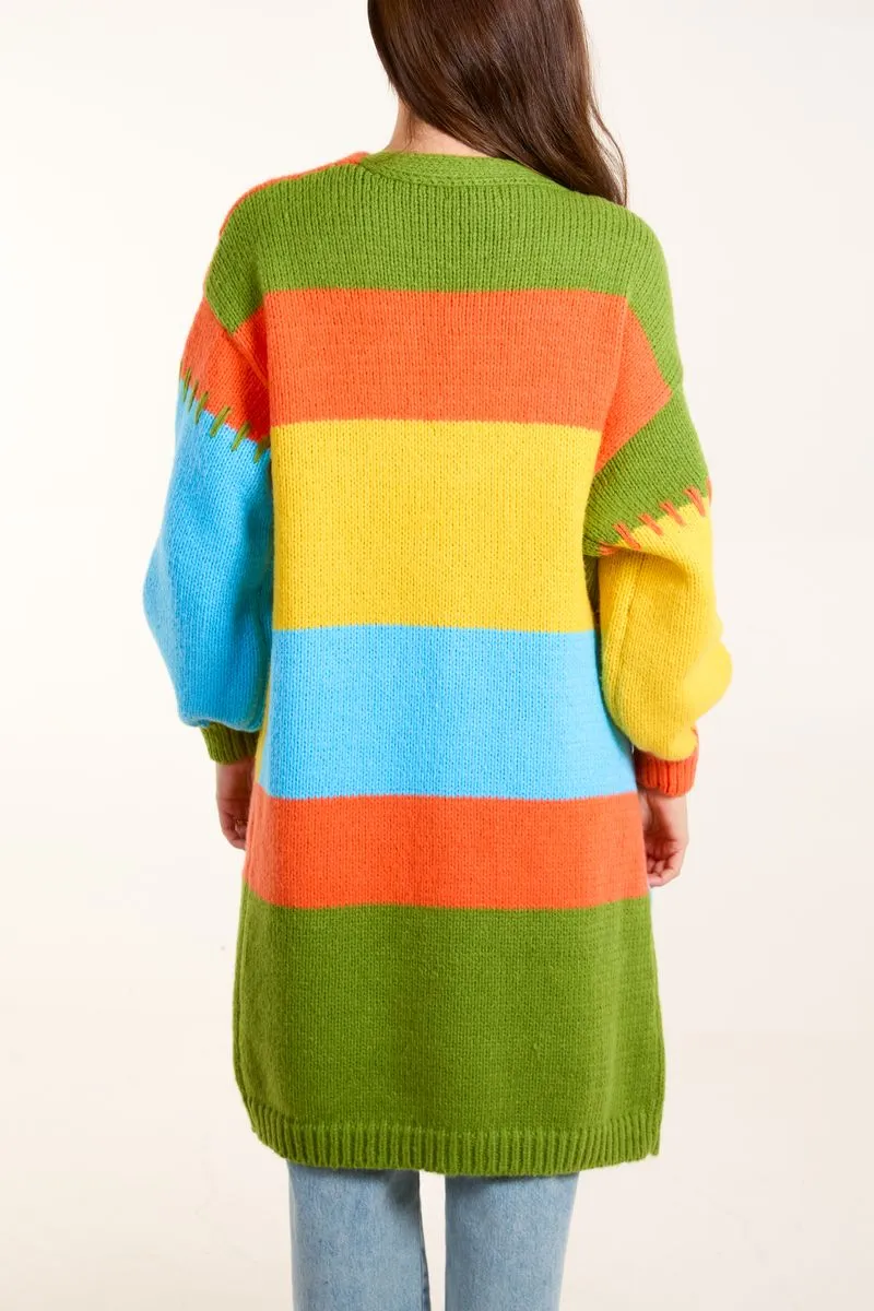 Colour Block 3D Flower & Stitch Longline Cardigan