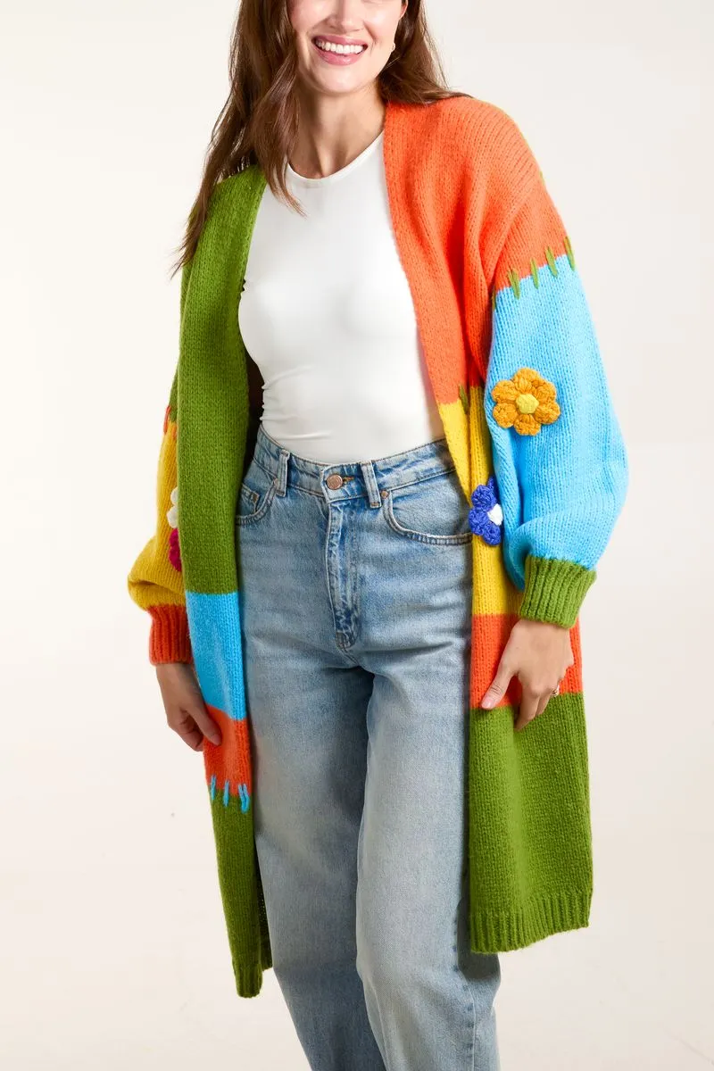 Colour Block 3D Flower & Stitch Longline Cardigan