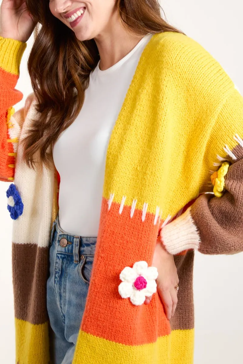 Colour Block 3D Flower & Stitch Longline Cardigan