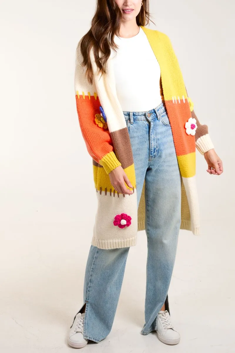 Colour Block 3D Flower & Stitch Longline Cardigan