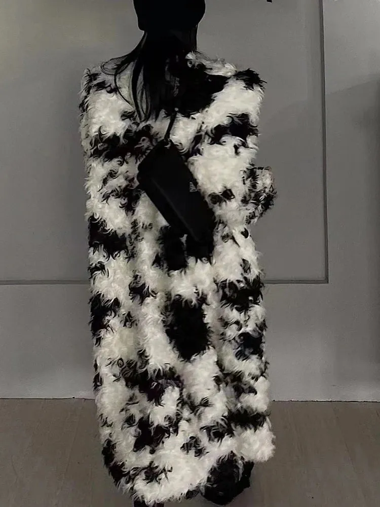 Contrast O-Neck Long Sleeve Faux Fur Coat