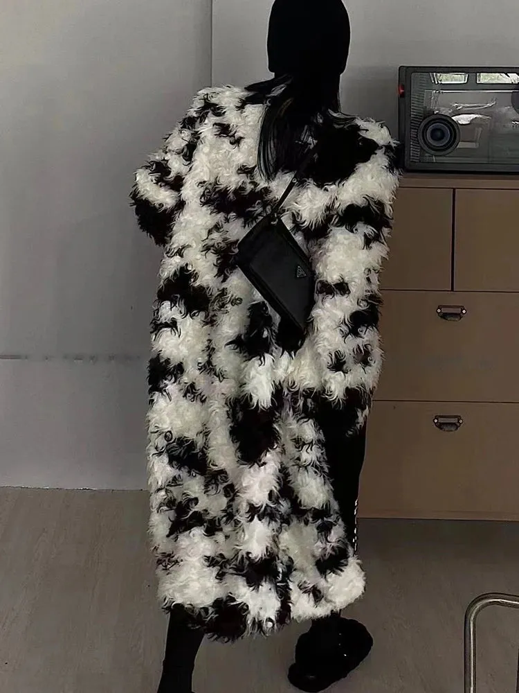 Contrast O-Neck Long Sleeve Faux Fur Coat