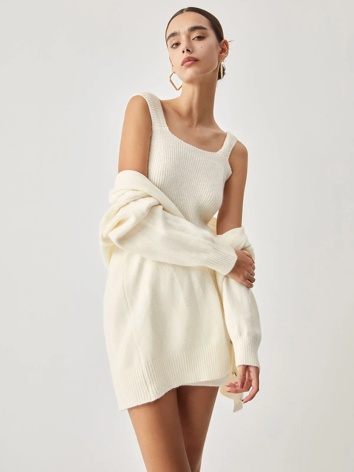 Cream Short Sweater Trendy Dress With Matching Cardigan