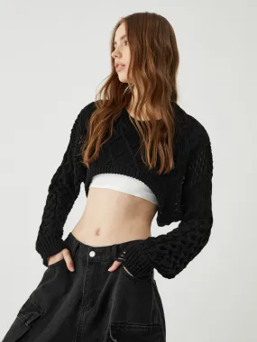 Crocheted Cable Knit Trendy Long Sleeve Crop Top