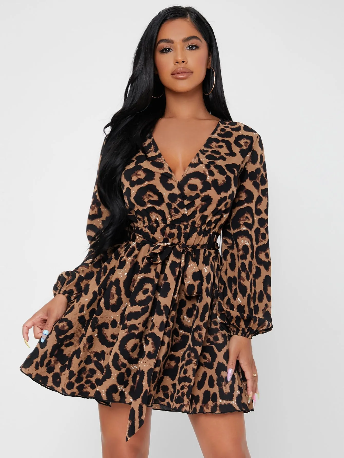 Elegant Leopard Belted Long Sleeve V Neck Flared High Waist Short Dress