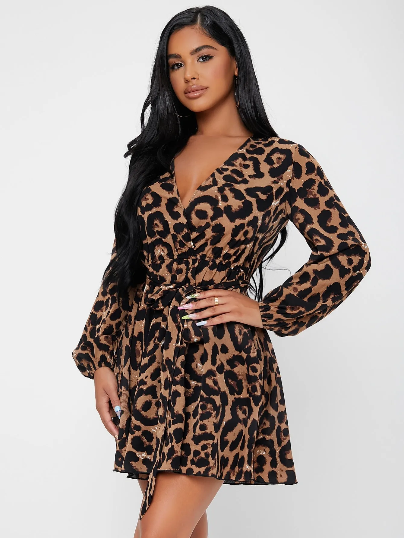 Elegant Leopard Belted Long Sleeve V Neck Flared High Waist Short Dress