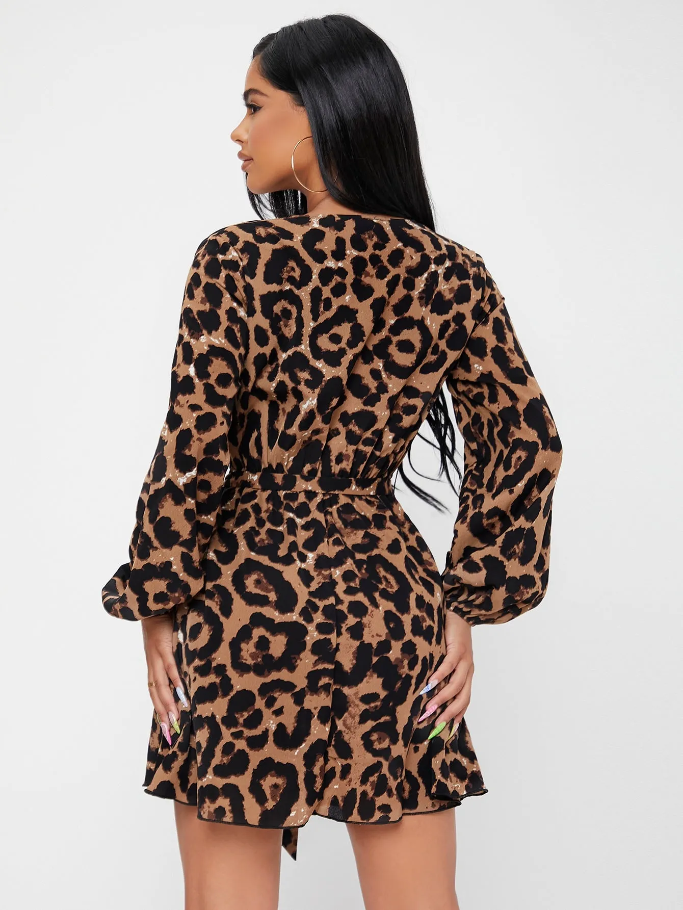 Elegant Leopard Belted Long Sleeve V Neck Flared High Waist Short Dress