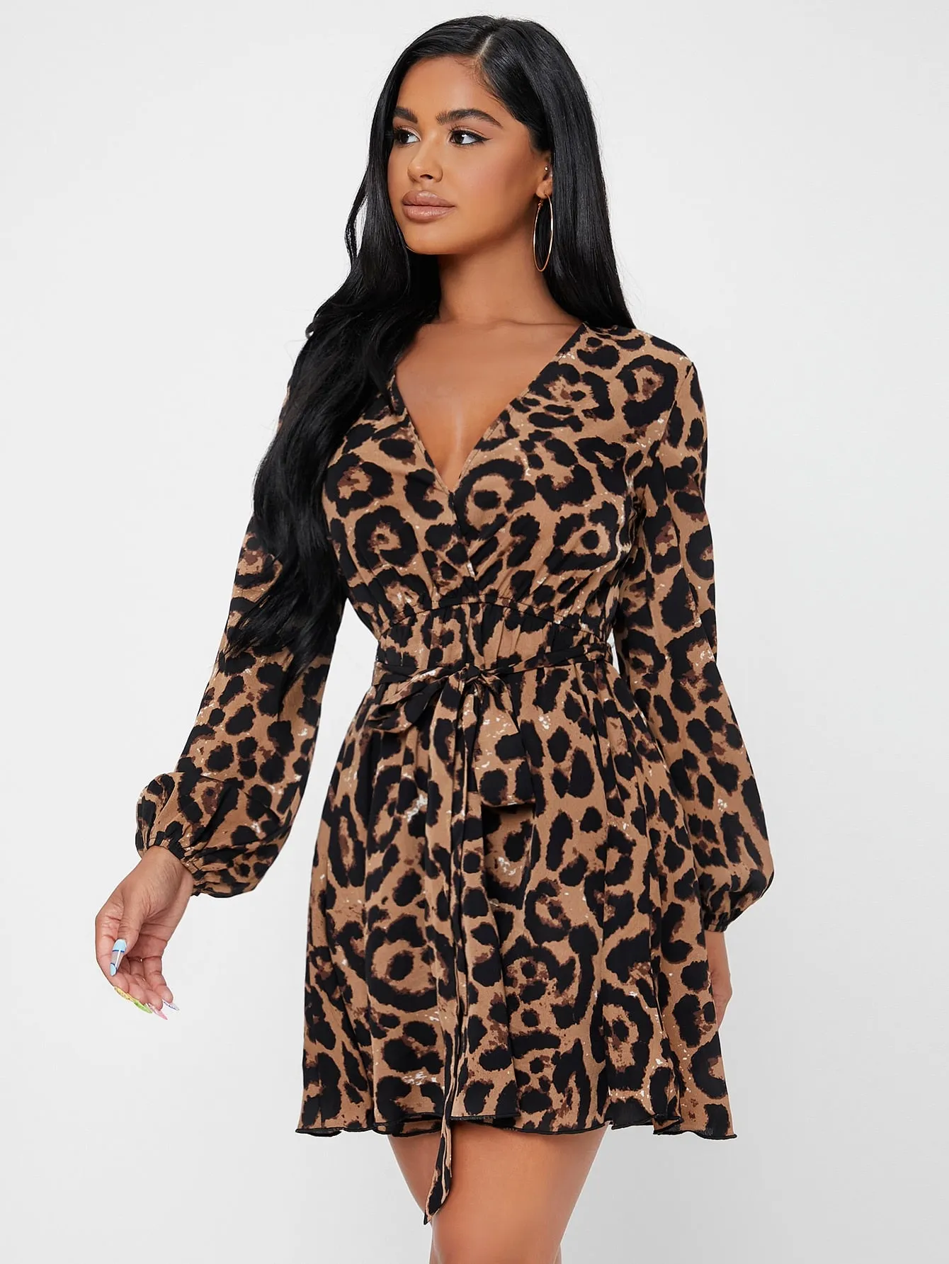 Elegant Leopard Belted Long Sleeve V Neck Flared High Waist Short Dress