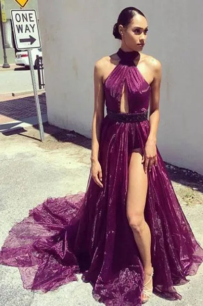 Elegant Purple A Line Long Front Slit Formal Prom Dress PFP0447