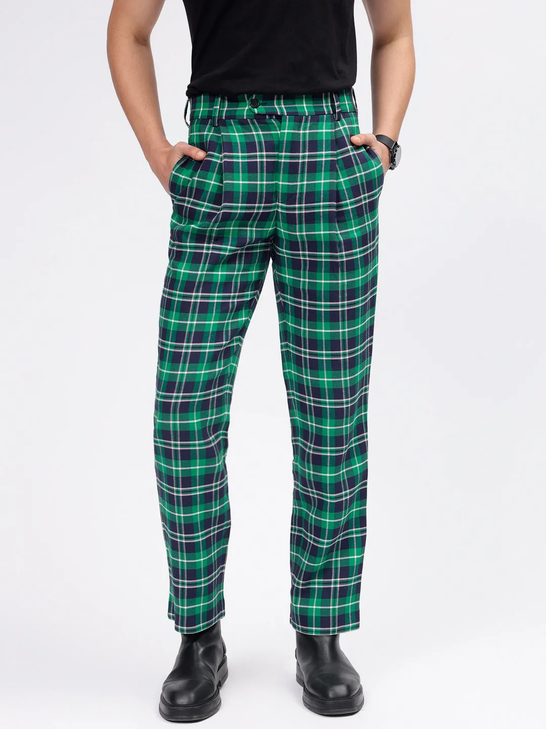 Gant Men Green Checked Slim Fit Mid Rise Trouser