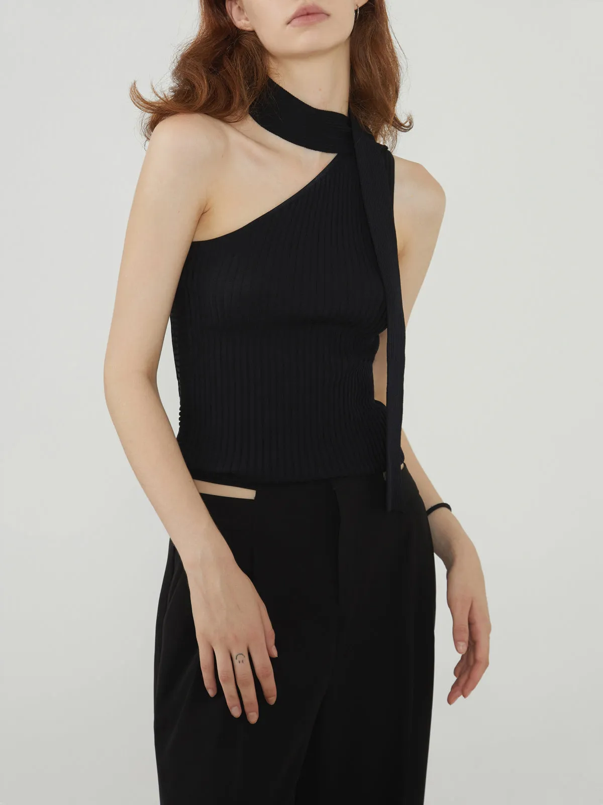 Halter Oblique Strap Trendy Rib Knit Top