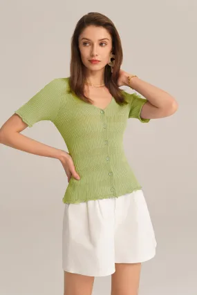 Hollowed-out V-Neck Short Sleeve Button-up Sweater Knitted Cardigan - Green