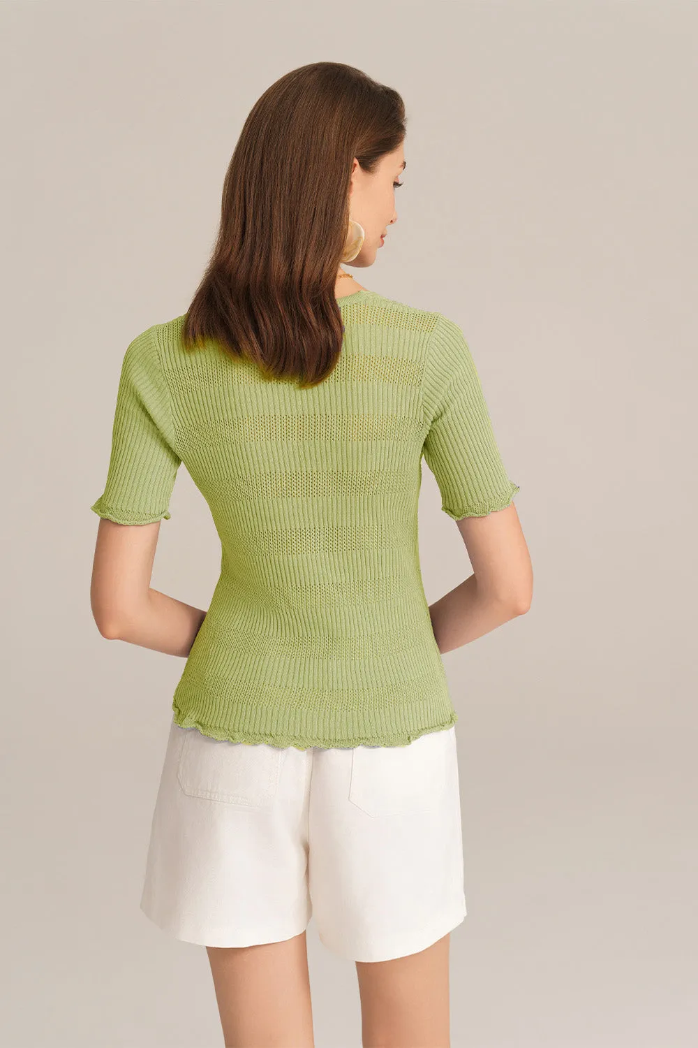 Hollowed-out V-Neck Short Sleeve Button-up Sweater Knitted Cardigan - Green