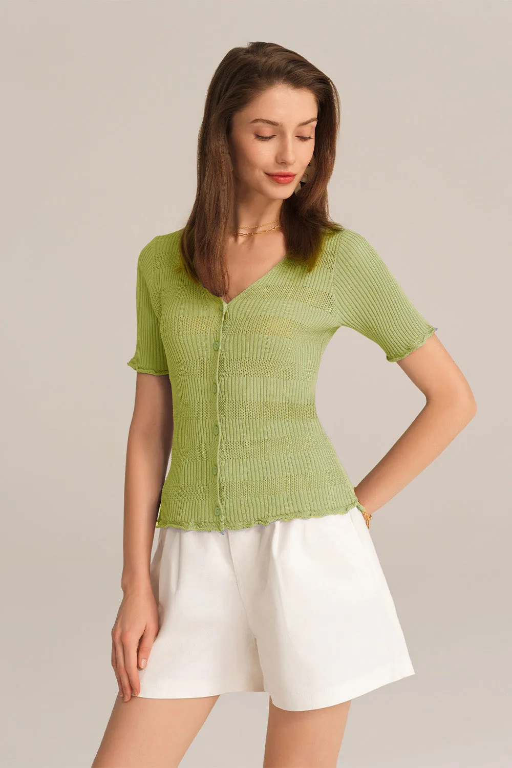 Hollowed-out V-Neck Short Sleeve Button-up Sweater Knitted Cardigan - Green