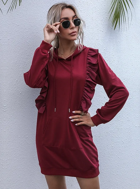 Long Ruffled Stitching Long Sleeve Hoodie Dress