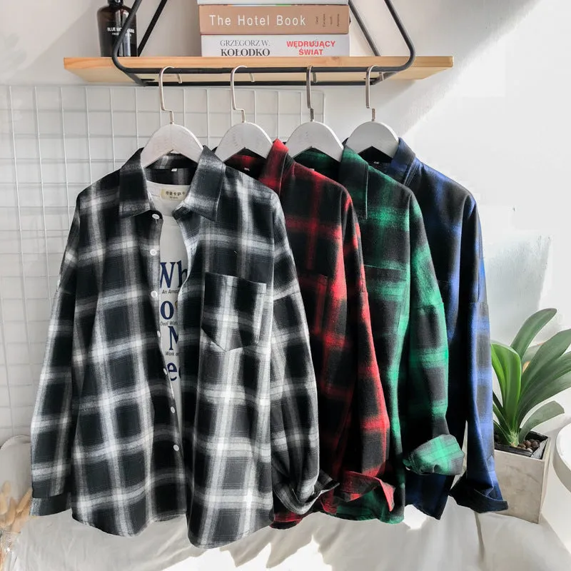 Men Loose Chequered Shirt Long Sleeved Casual Student Tops Korean Trendy Men Shirt