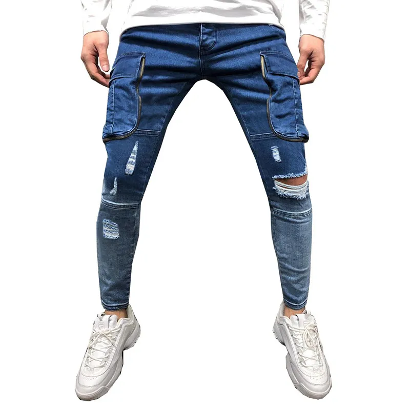 Men's Stylish Multi-Pocket Slim-Fit Ripped Jeans