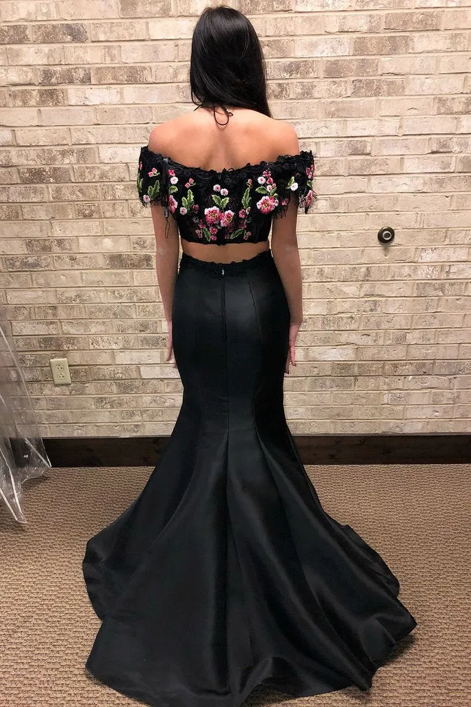 Mermaid Two Piece Embroidery Black Long Prom Dress PFP1394