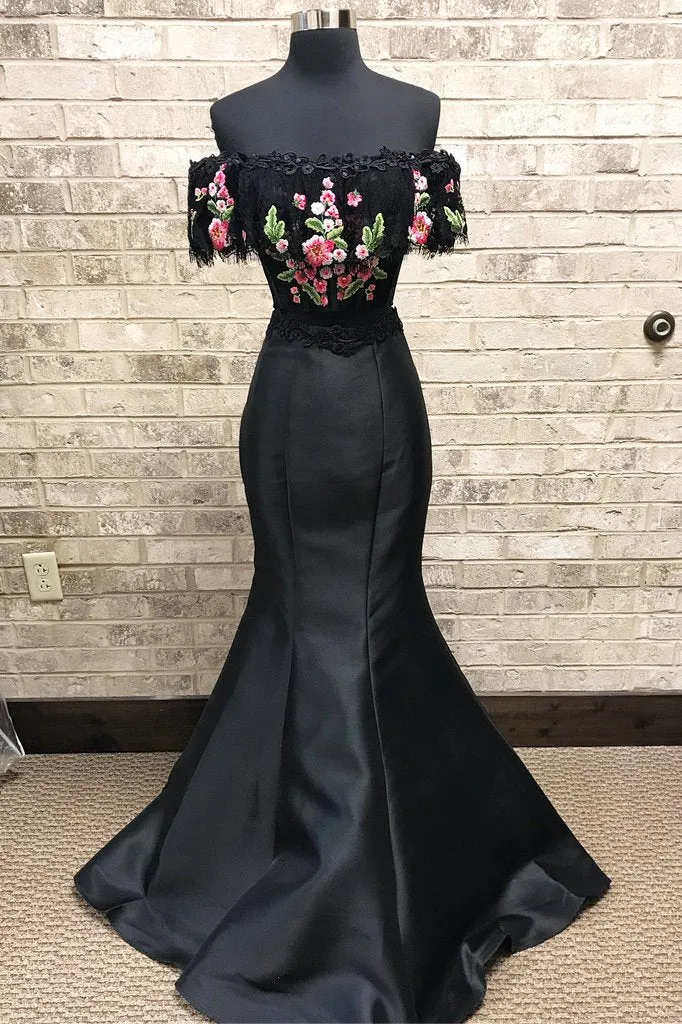 Mermaid Two Piece Embroidery Black Long Prom Dress PFP1394