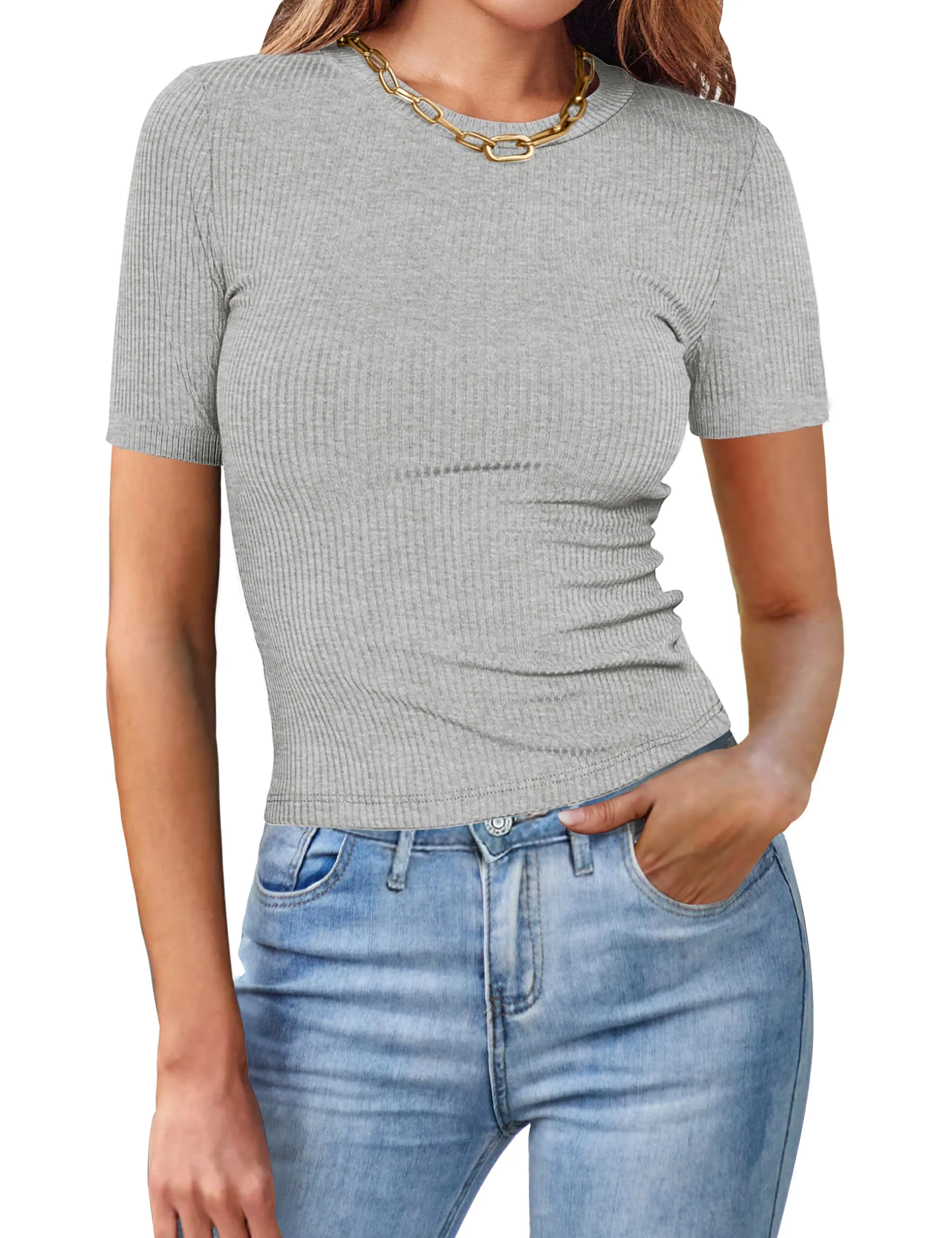 MEROKEETY Short Sleeve Crew Neck Ribbed Knit Basic Top