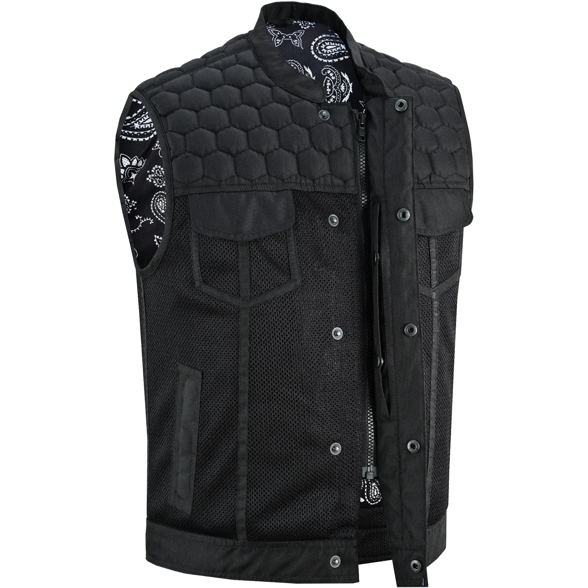 Mesh Rave Men’s Black Mesh Textile Vest with Black Paisley Liner