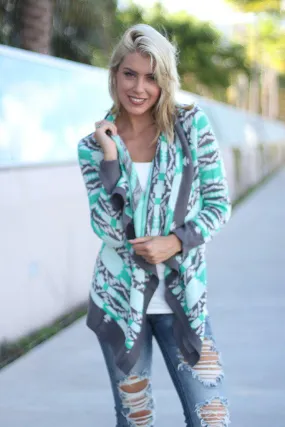 Mint And Gray Printed Cardigan