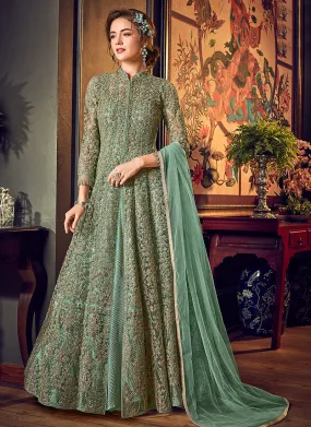 Mint Green Embroidered Jacket Style Anarkali Suit