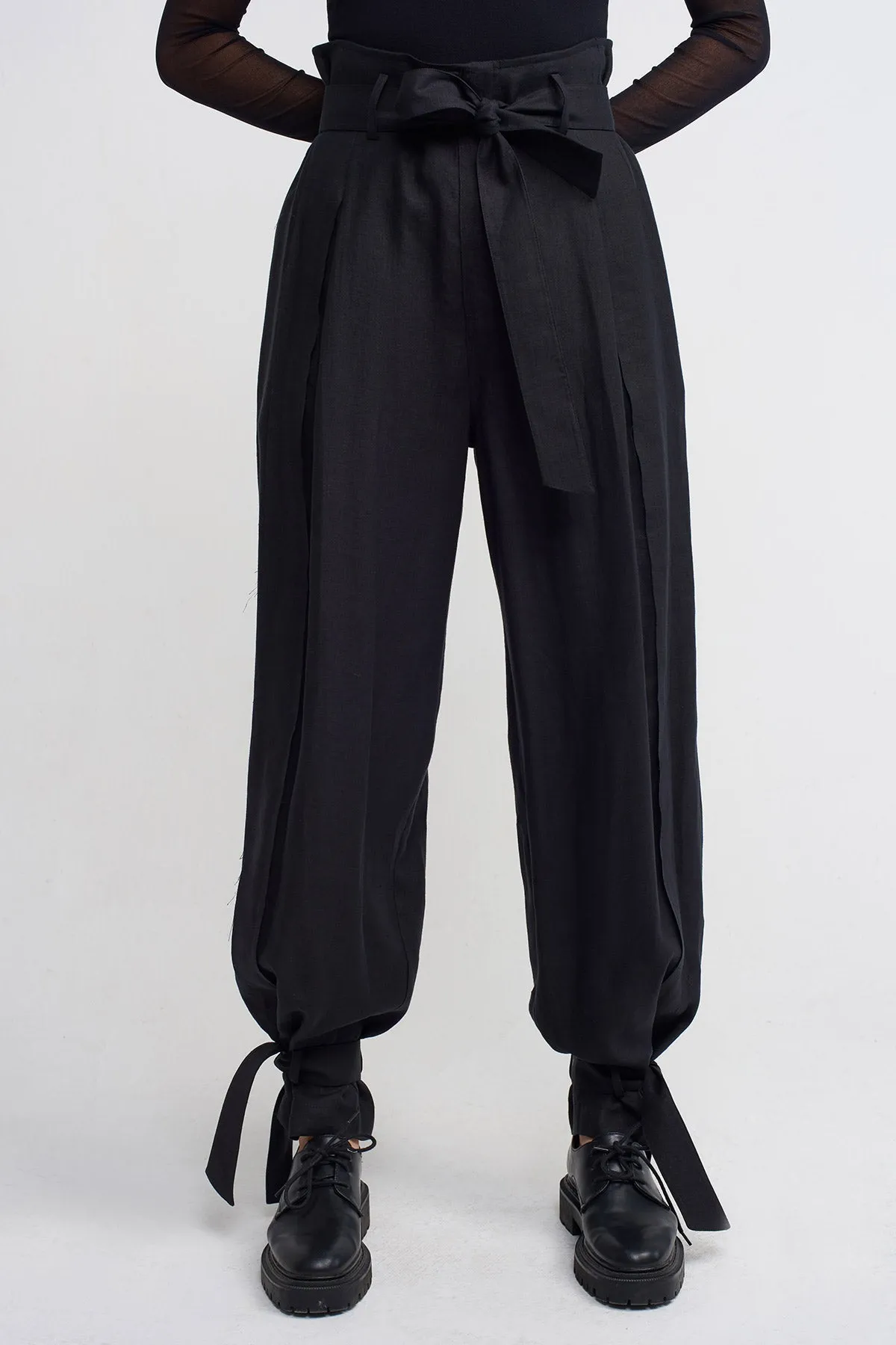 Nu Cuffed Tie Detail Linen Jogger Trouser Black