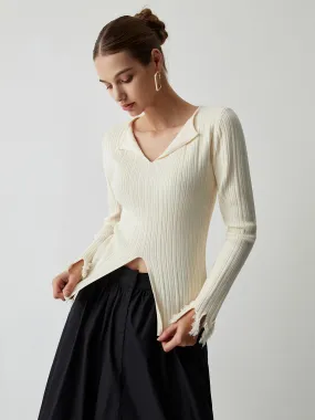 Open Collar Long Trendy Sleeve Curved Knit Top