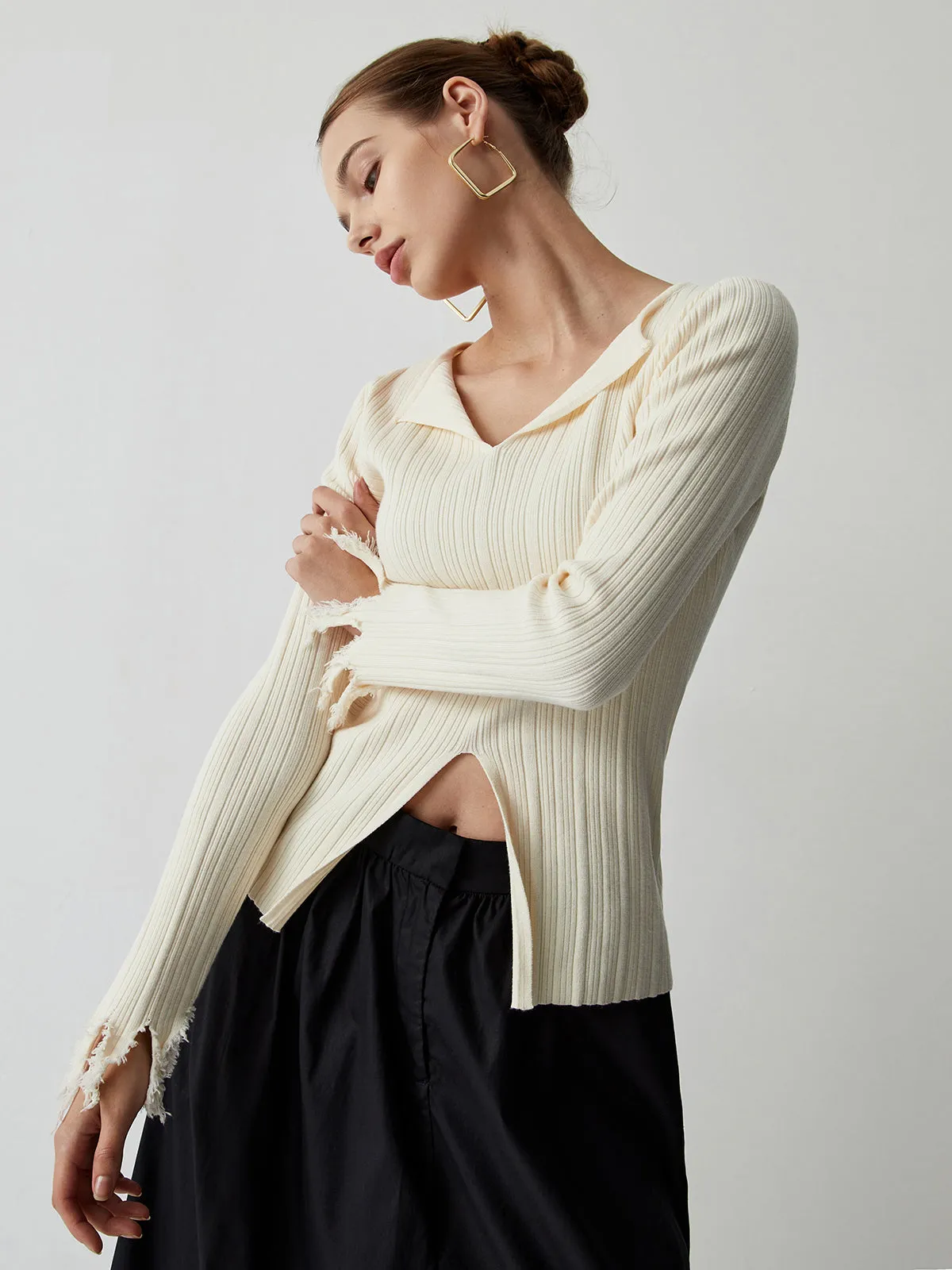 Open Collar Long Trendy Sleeve Curved Knit Top