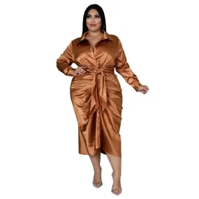 Plus Size Elegant Satin Lace-up Evening Dress with Long Sleeve