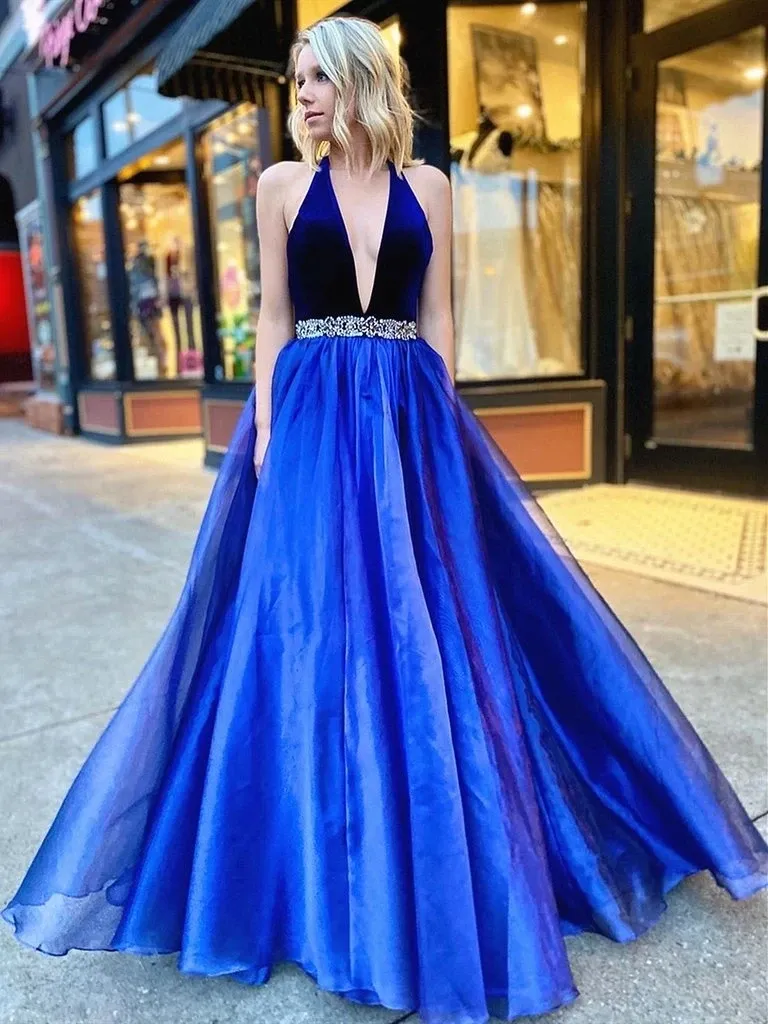 Promfast V Neck Backless Royal Blue Halter Prom Dresses, Long Beaded Formal Evening Dresses PFP1843