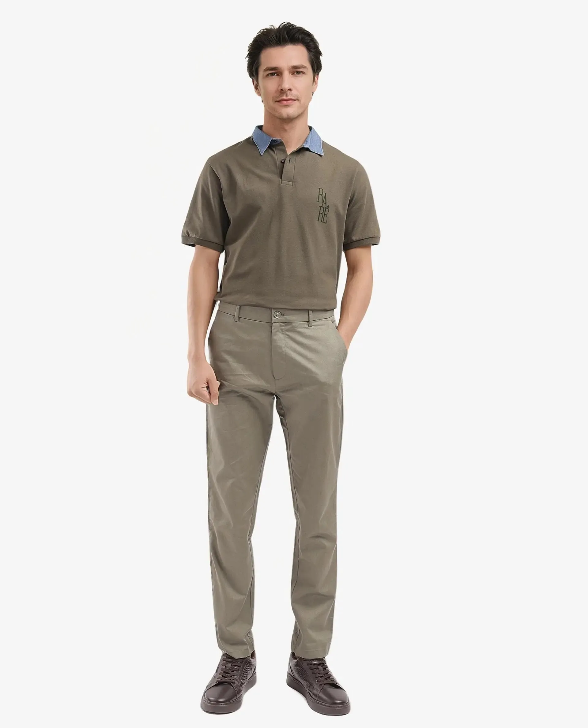 Rare Rabbit Men Ebert Olive Cotton Fabric Button Closure Mid Rise Regular Fit Plain Trouser