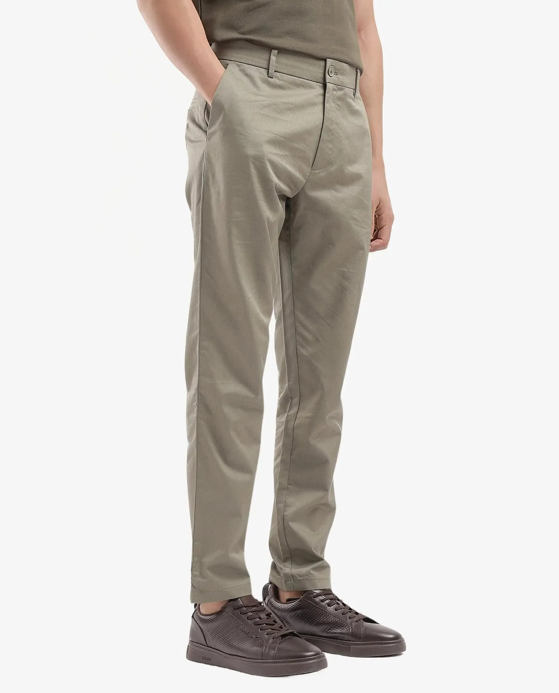 Rare Rabbit Men Ebert Olive Cotton Fabric Button Closure Mid Rise Regular Fit Plain Trouser