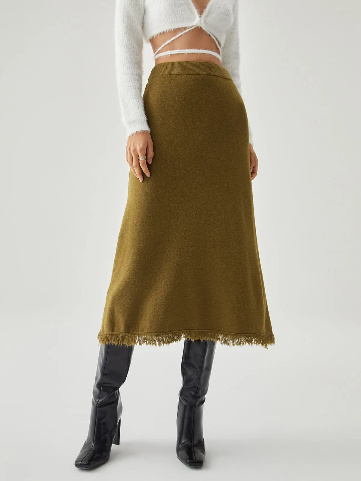 Raw Hem High Trendy Waist Midi Knit Skirt