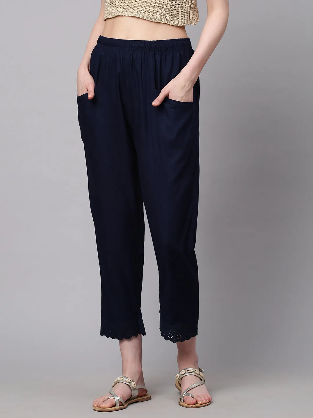 Rayon Peg Leg Trouser With Schiffli Lace Border