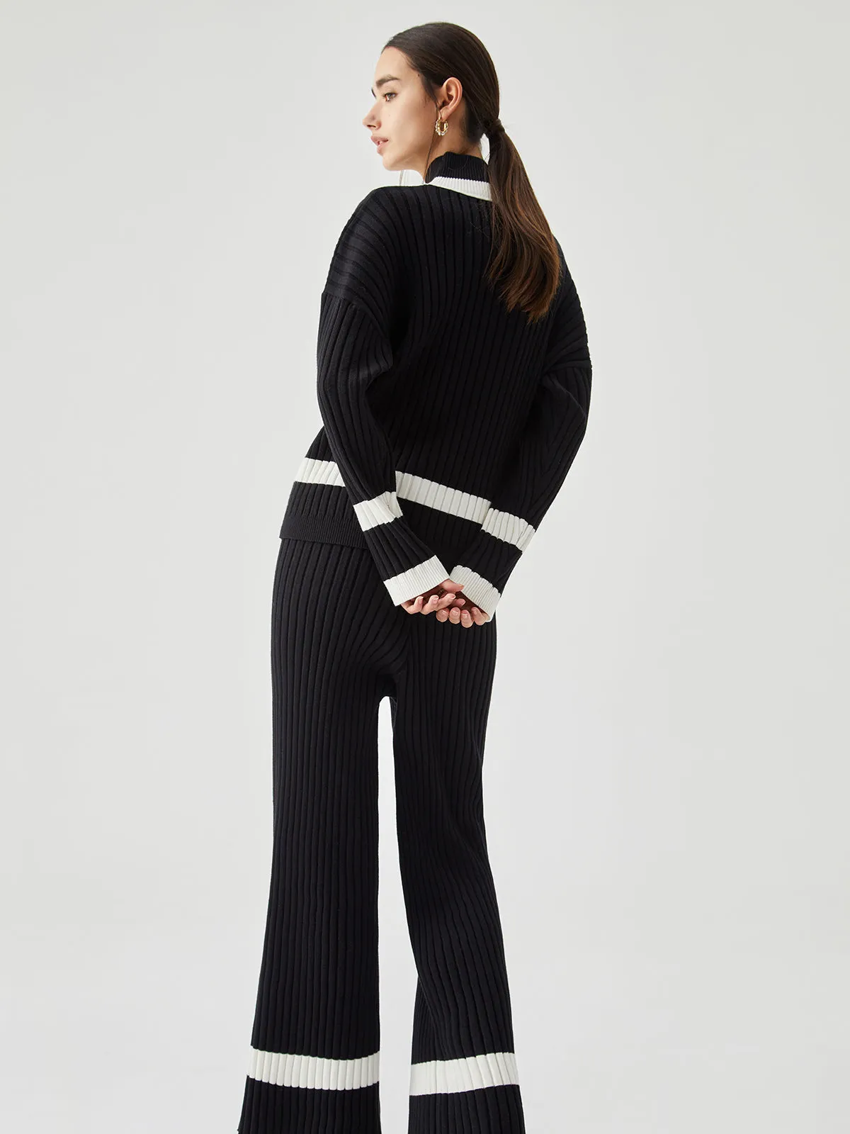 Ribbed Knit Contrast Trendy Trim Mock Neck Sweater