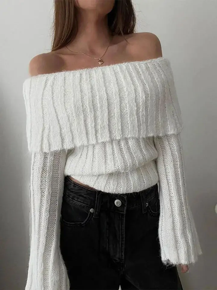 Ribbed Knit Overfold Trendy Off Shoulder Knit Top